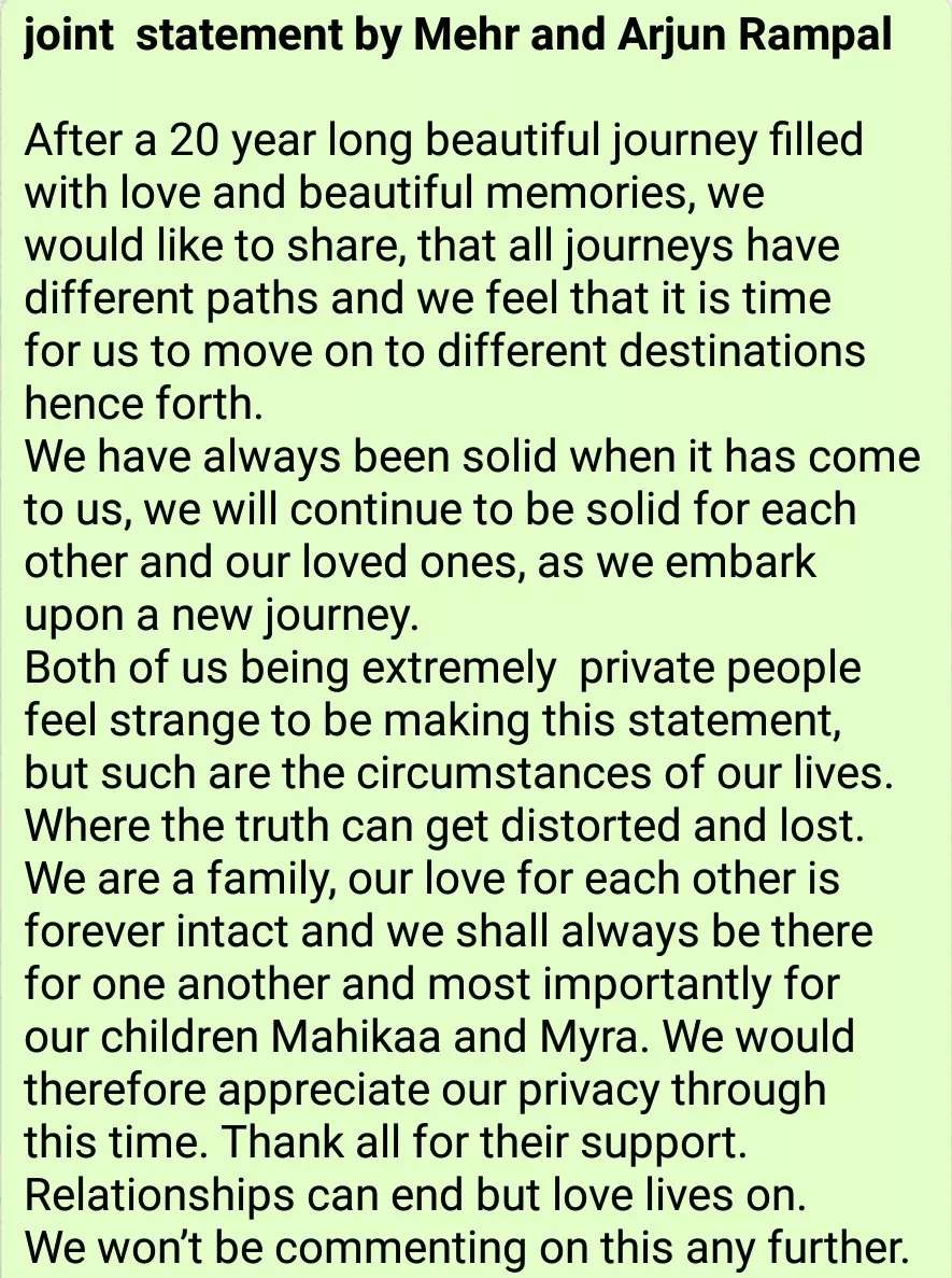 Arjun Rampal divorce statement 