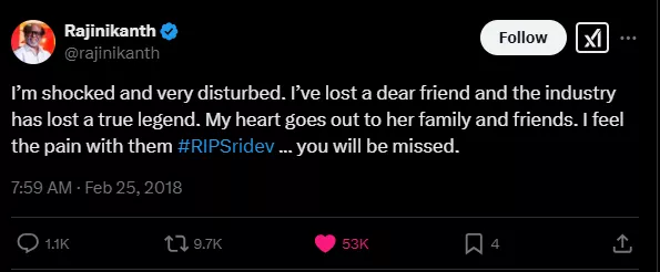 rajinikanth's tweet for sridevi