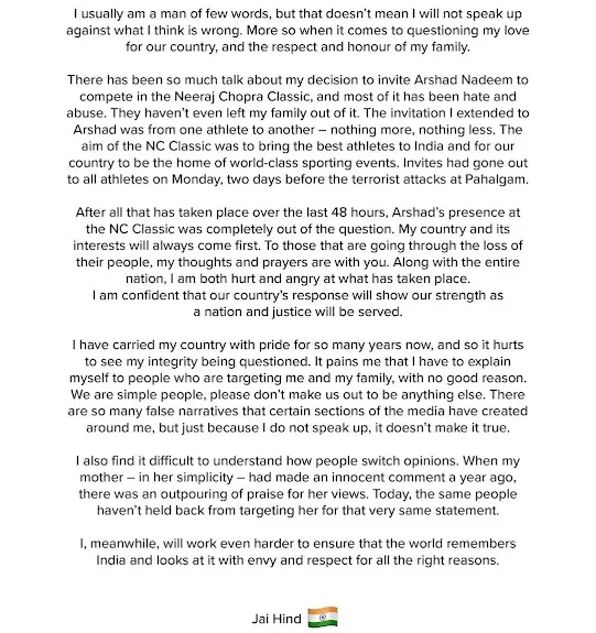 Neeraj Chopra, Arshad Nadeem, NC Classic, Pahalgam Attack