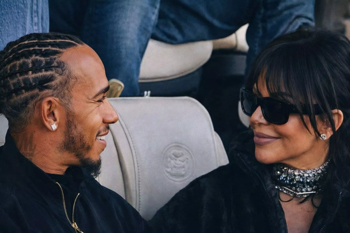 Lewis Hamilton and Kim Kardashian at the 2026 Super Bowl