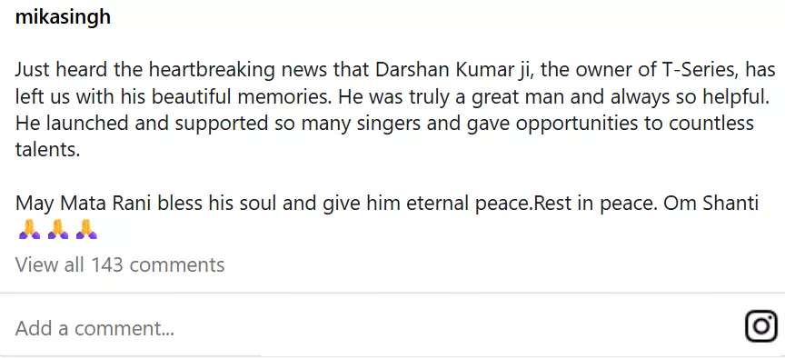 Mika Singh post on Darshan Kumar