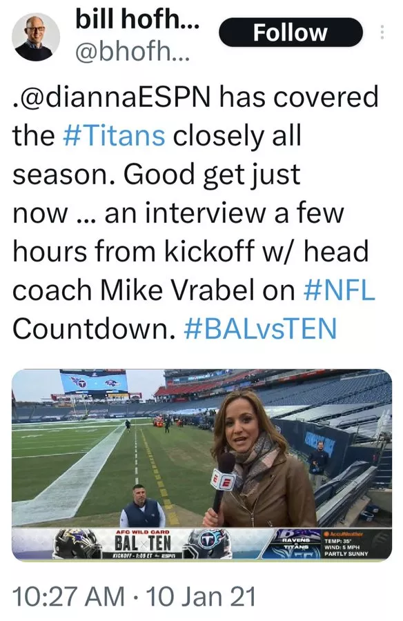 Bill Hofheimer tweet on mike Vrabel and Dianna Russini