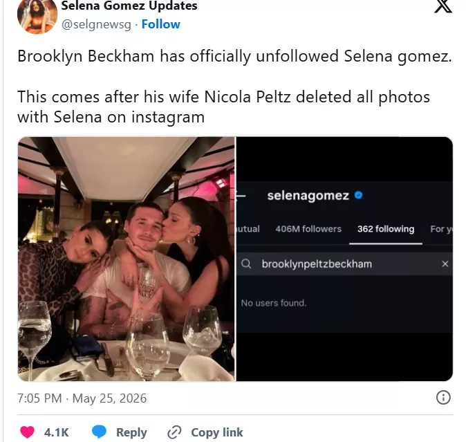 Selena Gomez unfollows Brooklyn Beckham