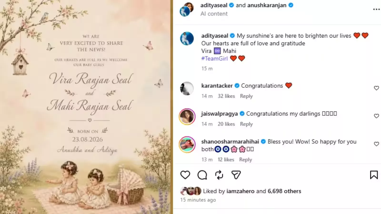 Anushka Ranjan and Aditya Seal baby announcement