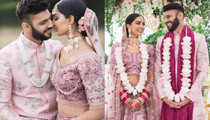 This Bride And Her Groom Wore Matching Blush Pink Ensembles On