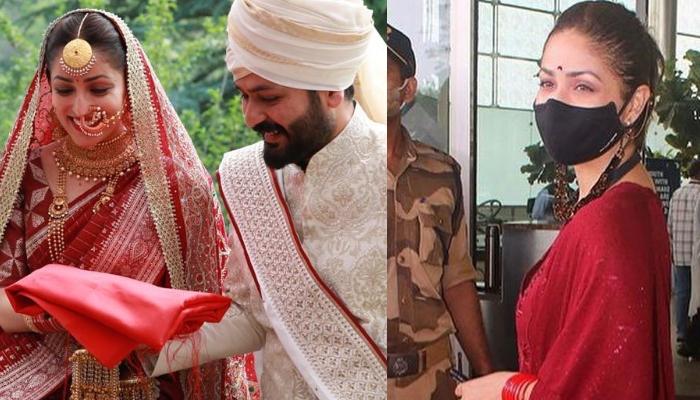Yami Gautam Yet Again Channels Her New Bride Look, Dons A Pretty Red Suit With Red 'Bindi' - BollywoodShaadis.com