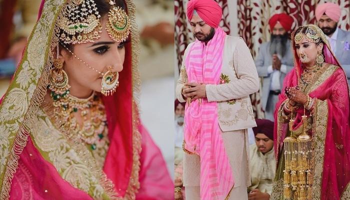 Sikh Bride Wore A Green And Pink-Hued 'Salwar Suit' With 'Parandi' Hairstyle  For Her Wedding Day