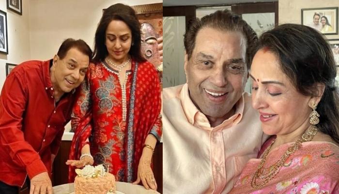 Hema Malini Celebrates 74th B'day With Her Hubby, Dharmendra, Stuns In A Floral-Printed Silk Saree