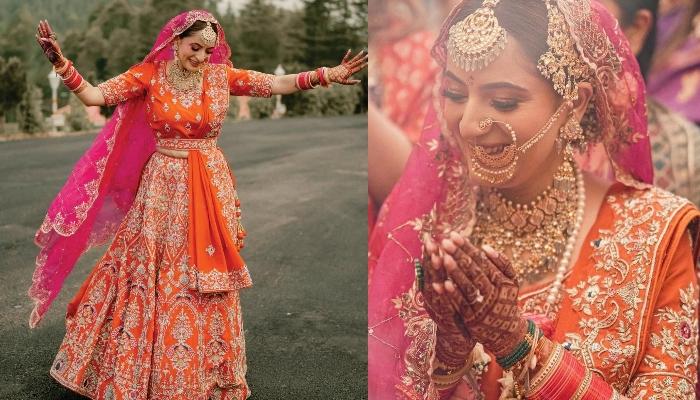 Orange And Pink Net Bridal Lehenga Choli -