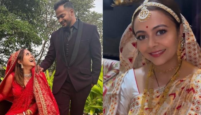 Devoleena Bhattacharjee dons a traditional white and red Bengali saree for her wedding reception