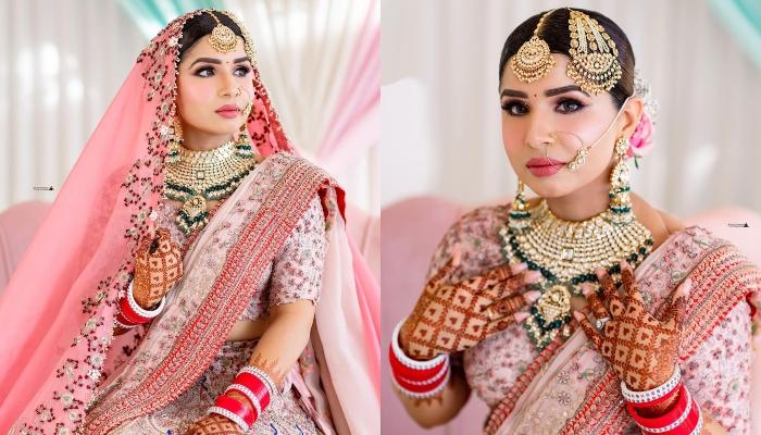Bride Donned An Onion Pink-Coloured Lehenga By Anamika Khanna, Adorned With  Stonework And Motifs