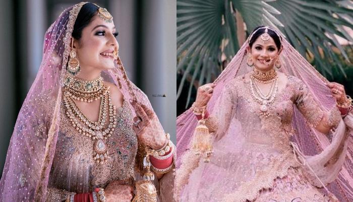 Bride Donned A Rouge Pink Tulle-Silk Lehenga, Paired It With Extravagant Jewellery