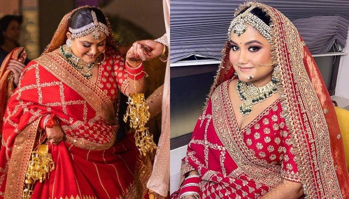 Curvy Bride Stunned In A Red Sabyasachi ‘Lehenga’, Accessorised It With Heavy ‘Polki’ Jewellery