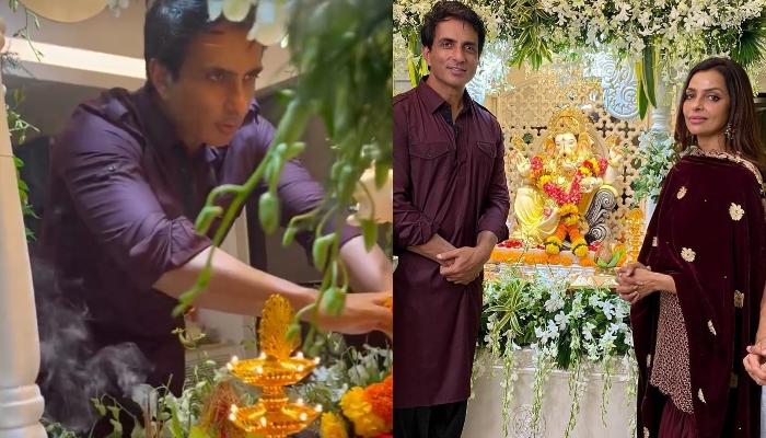 Sonu Sood Twins In Maroon With Wife, Sonali Sood As They Celebrate Ganesh Chaturthi With Kids