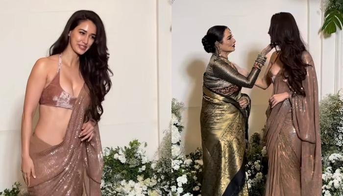 Disha Patani Dons A Sultry Saree With Strappy Blouse, Poses With Rekha At MM's Diwali Bash