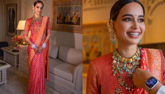Influencer Bride Wore A Silk Saree From Sabyasachi With Her Nani's Heirloom Jewellery On Reception