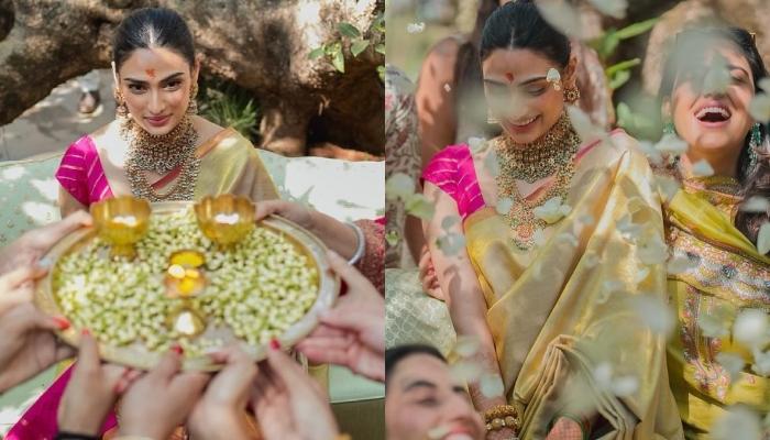 Athiya Shetty Stuns In A Beige-Gold Silk Saree Along With Temple Jewellery For Her Pre-Wedding Puja