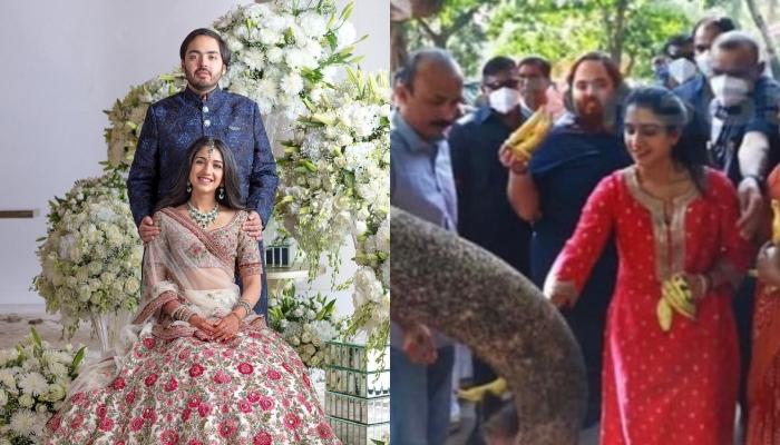 Radhika Merchant Repeats Her ‘Roka’ Outfit For Temple Visit With Anant Ambani, Cutely Feeds A Tusker