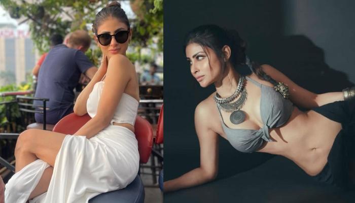 Mouni Roy Looks Smoking Hot In A Grey Bralette Paired With A Black Sarong And Vintage Jewellery