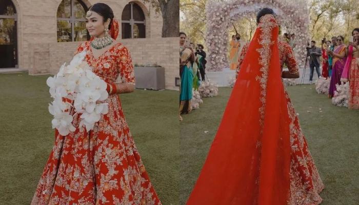 Anamika Khanna Bride Stuns In A Tomato Red Lehenga Heavily Encrusted With Stones In Floral Patterns