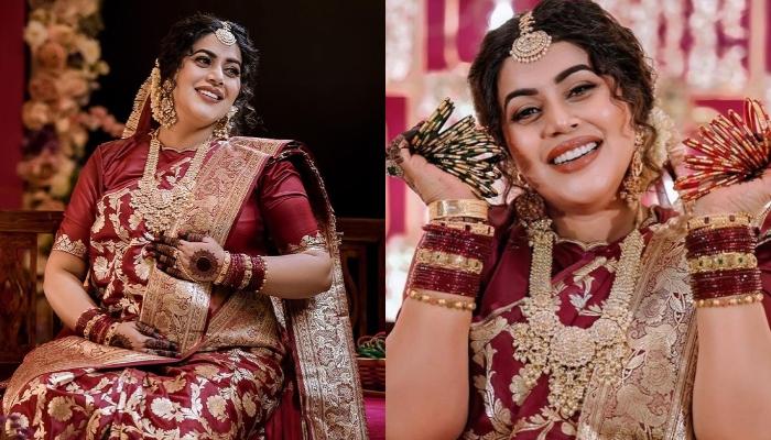 Shamna Kasim Dons A Maroon And Gold Silk Saree On Baby Shower, Her Pregnancy  Glow Is
