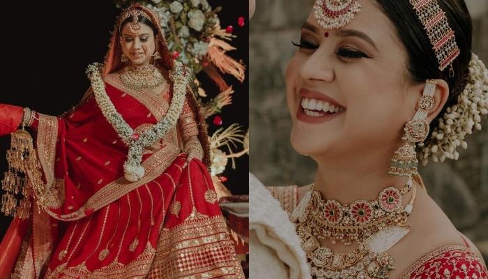Sabyasachi Bride Stuns In A Minimal Red Lehenga With 'Paan' Motifs, Pairs With 'Meenakari' Jewellery