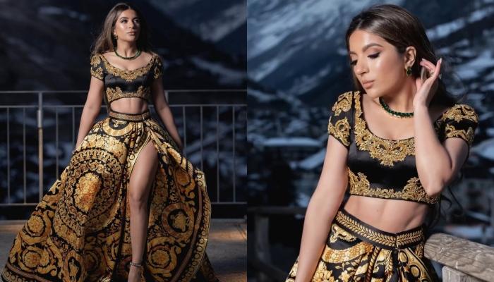 Influencer Bride Dons A Printed Versace Lehenga At Her Rehearsal Dinner, Styles It With Emeralds