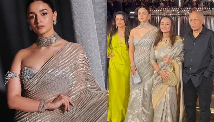 Alia Bhatt Dons A Metallic Saree With 3D Silver Flower Embellished Tube Blouse For Opening Of NMACC