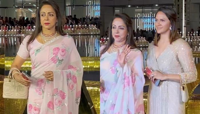 Hema Malini Dons A Floral-Printed Saree As She Arrives With Daughter, Ahana Deol At NMACC Launch
