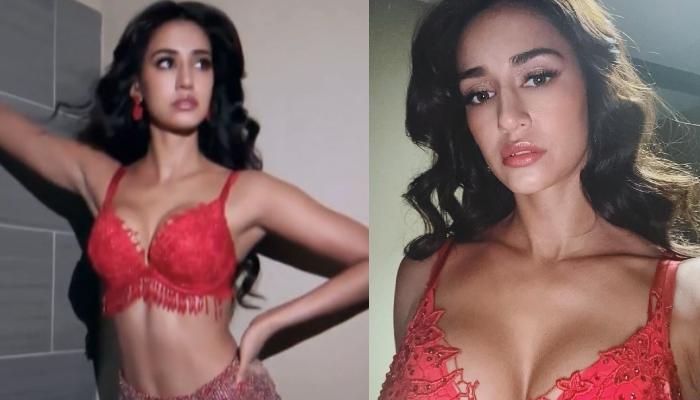 Disha Patani Looks Sexy In A Shimmery Red Bralette And Thigh High Slit Skirt Flaunts Her Curves