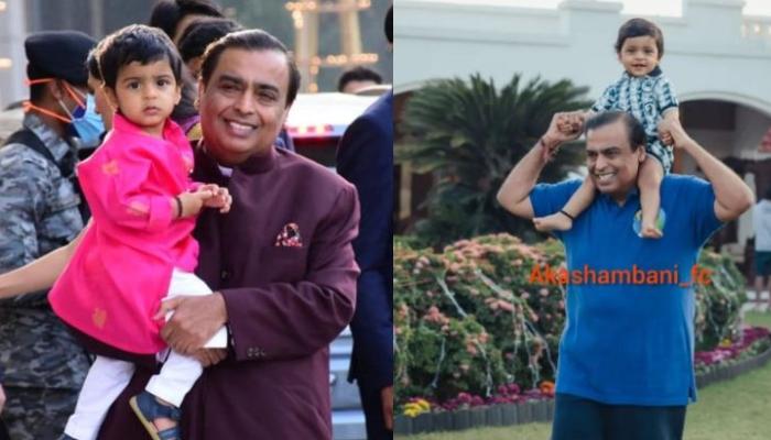 Prithvi Akash Ambani Twins With 'Dadu' Mukesh Ambani In Ivory 'Kurta' And Jacket At The NMACC Event