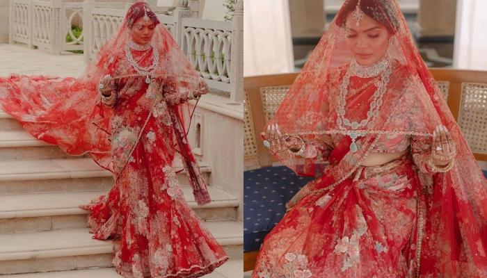Sabyasachi Bride Donned A Unique Floral Chiffon Saree With A Long Veil 'Dupatta' For Her Wedding