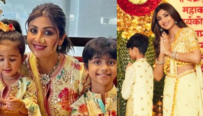 Shilpa Shetty And Her Family Twin In Cream-Hued Attires For Ganpati Puja, Samisha Makes A Goofy Face