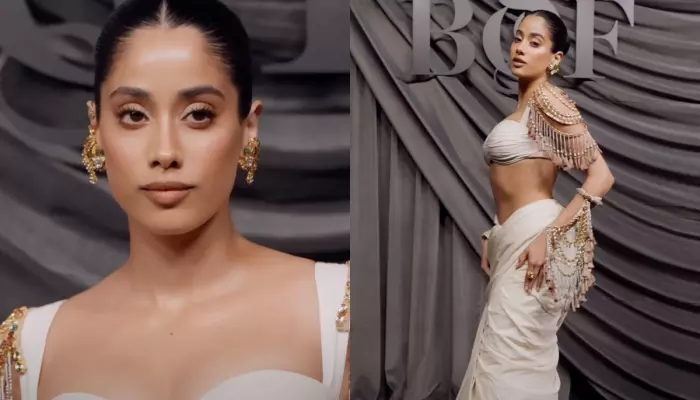 Janhvi Kapoor Flaunts Her Bare Shoulders In Sculpted Saree With A Bejeweled Blouse In Paris